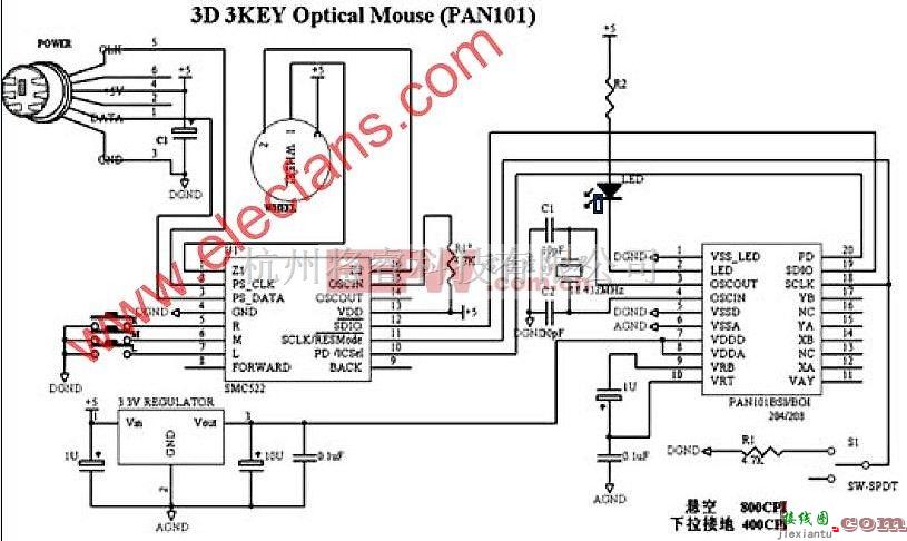 光电电路中的SMC522芯片的鼠标电路图(PS/2普通3D鼠标)  第1张