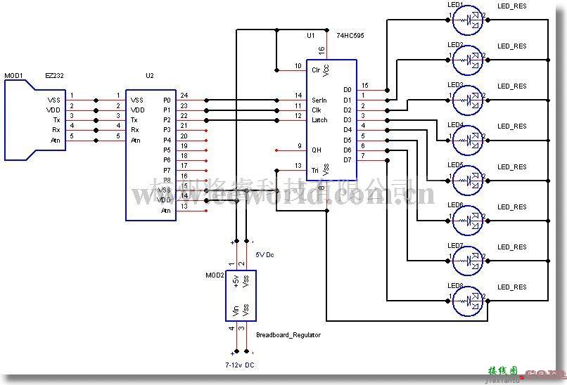 LED电路中的74HC595驱动8LED电路图  第1张