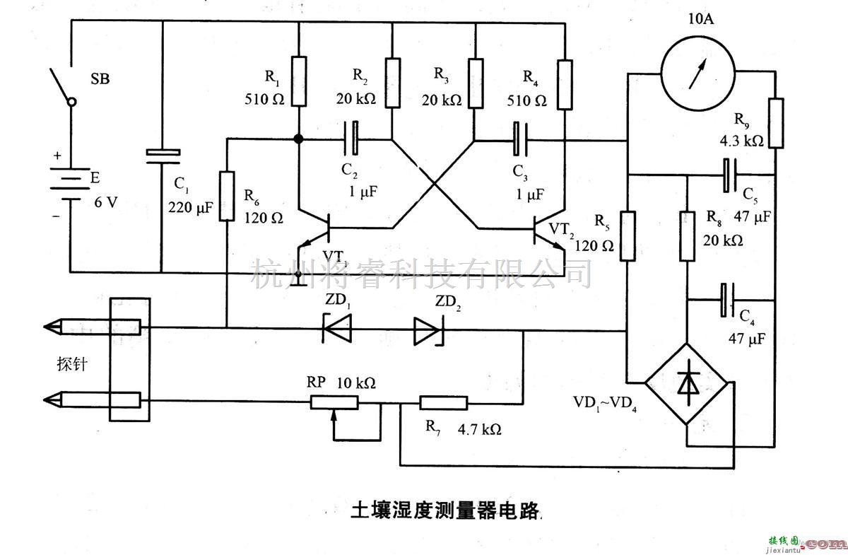 专用测量/显示电路中的土壤湿度测量器电路原理图  第1张