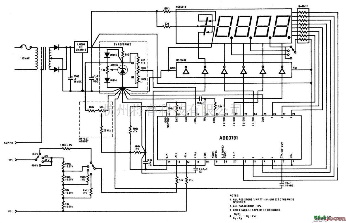 仪器仪表中的寿命为40年的3-3/4数字式电压表（范围包括±0.4V, ±4V, ±40V和±400V）电路  第1张