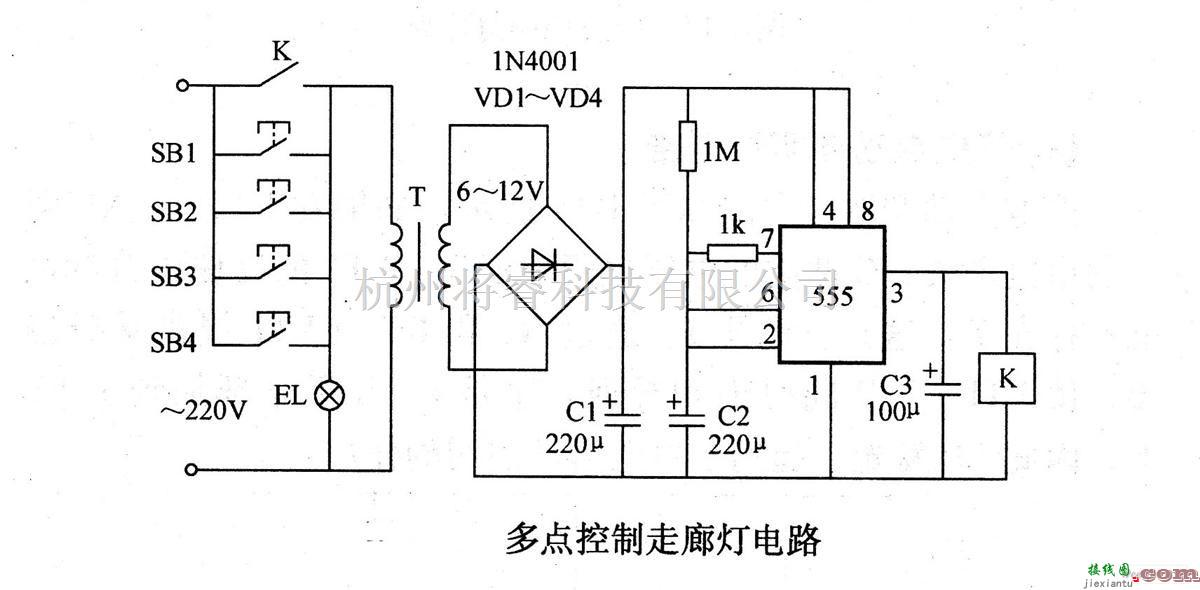 电源电路中的多控点走廊灯电路图  第1张