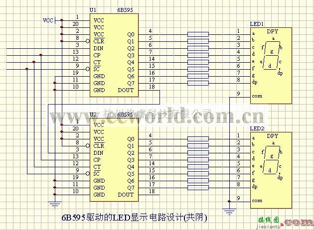 LED电路中的6B595驱动的LED显示电路设计（共阴）  第1张