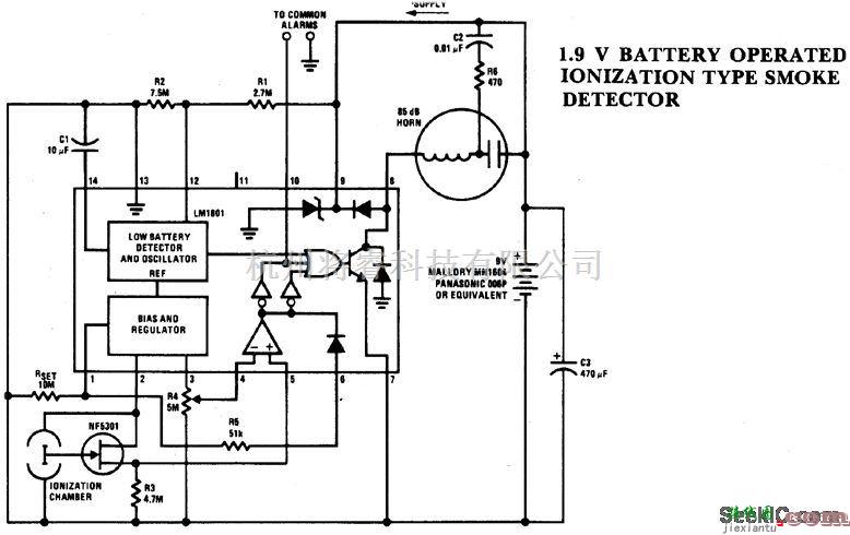 检测电路中的1.9V电池操作型烟探测器电路  第1张