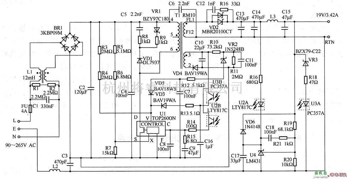 电源电路中的65W／19V 输出开关电源电路图  第1张