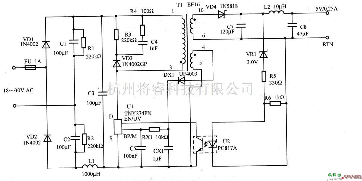 电源电路中的1.25W／5V输出开关电源电路图  第1张