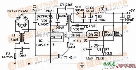 电源电路中的隔离式5V／0.8A输出精密开关电源电路原理图  第1张