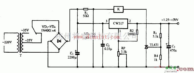 电源电路中的基于CW317的自适应连续可调稳压电源电路  第1张