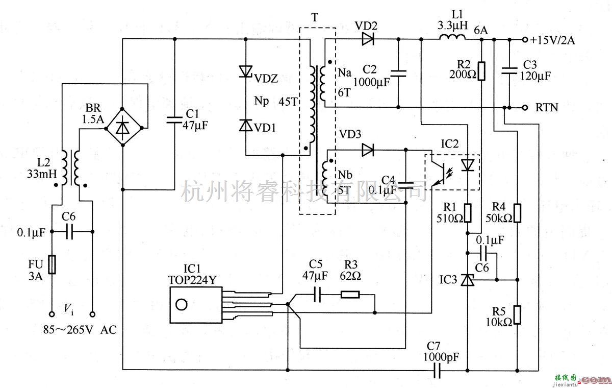 电源电路中的30W／15V 精密输出开关电源电路图  第1张