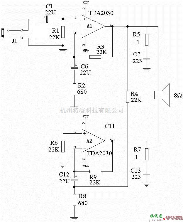 音频电路中的基于TDA2030/TDA2030A组成的BTL中低音功放电路  第1张