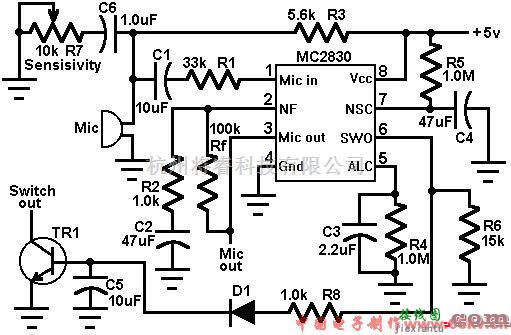 音频电路中的由MC2830组成的简单话筒前置放大器电路  第1张