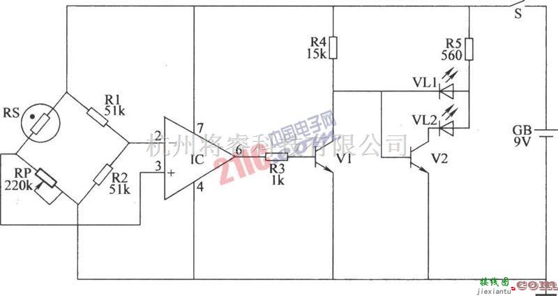 由湿度检测放大器和LED指示电路组成的湿度指示器电路  第1张