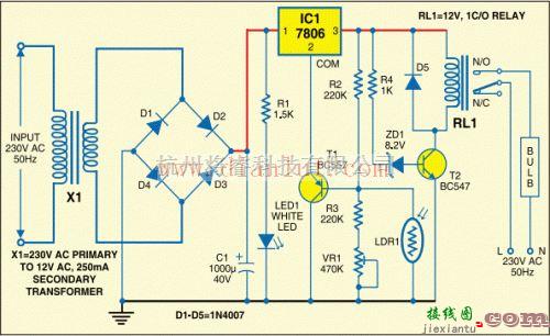 传感器电路中的基于7806三端稳压器实现自动灯控制器电路  第1张