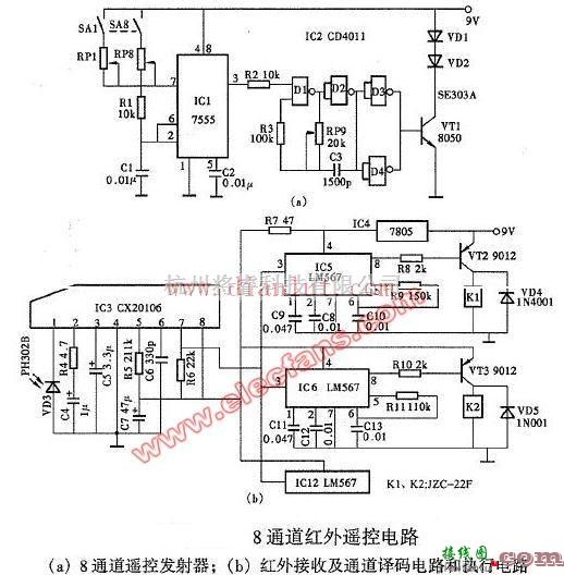 光电电路中的八通道红外遥控电路原理图  第1张