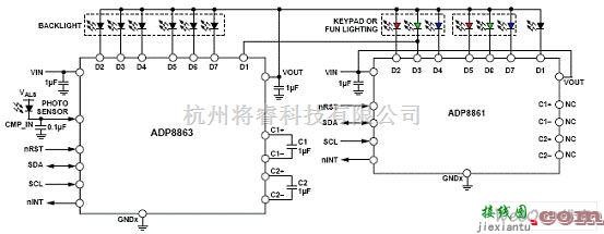 LED电路中的给多只LED灯供电的ADP8863与ADP8861的链接线  第1张