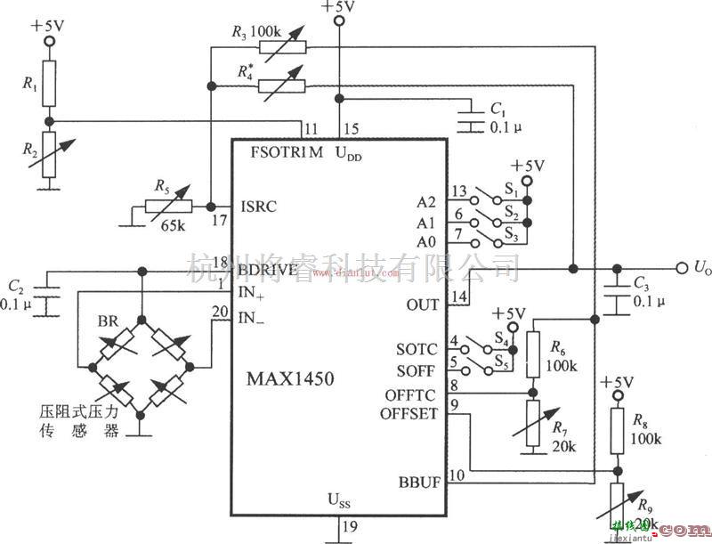 传感器电路中的基于MAX1450的压力信号调理电路电路图  第1张