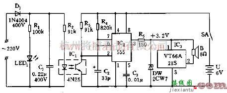 运用555集成电路的复电叮咚乐曲报讯器电路图  第1张
