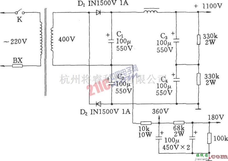 音频电路中的用于电子管功放的高压倍压电路原理图  第1张