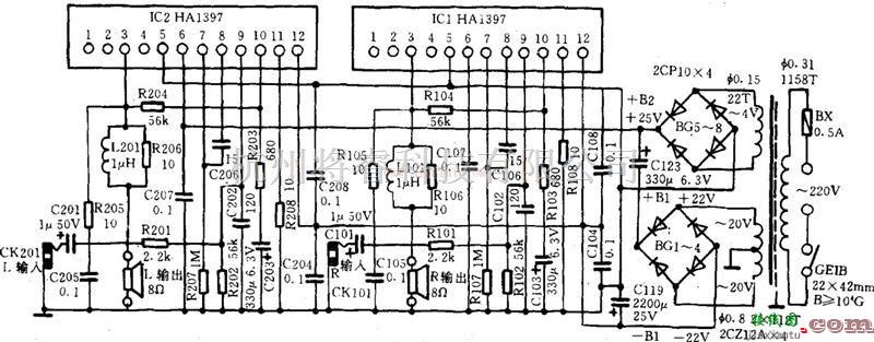 音频电路中的功率放大基于HA1397的设计应用电路  第1张
