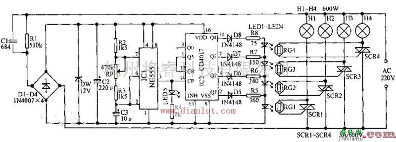 光电电路中的由CD4019设计的霓虹灯循环发光控制器电路  第1张