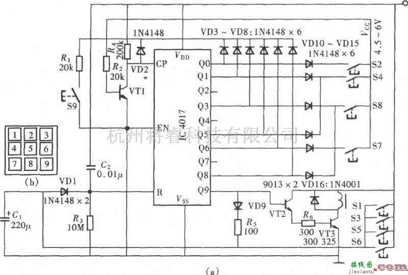 控制电路中的基于CD4017组成的九位按键密码锁电路图  第1张