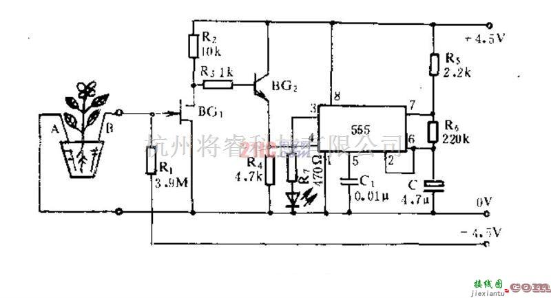 简易盆花缺水指示器电路原理图  第1张