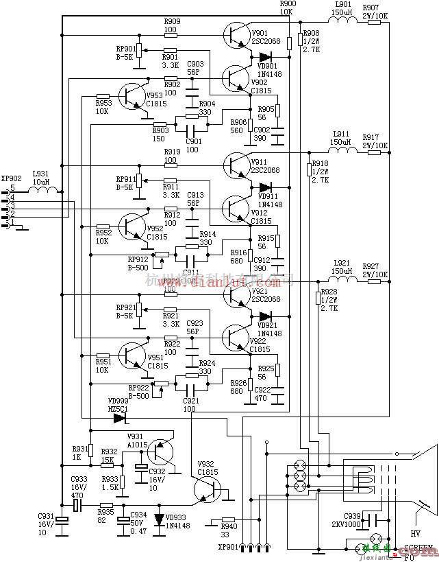 音频电路中的关于彩色电视机放映分立元件应用的电路图  第1张