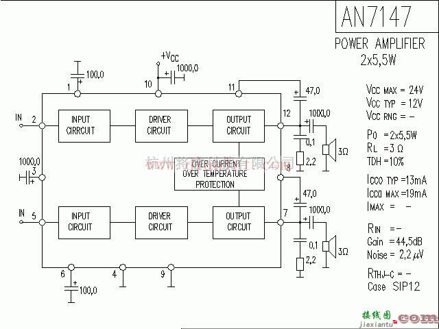 音频电路中的采用AN7147功放应用电路图  第1张