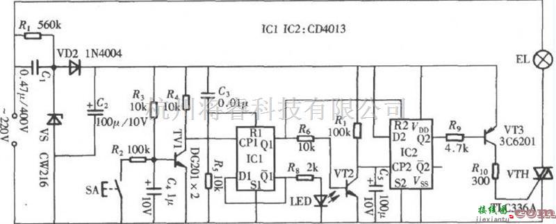 控制电路中的基于CD4013组成的轻触式延时开关电路图  第1张