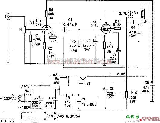 音频电路中的由6P13P设计的胆机功放电路图  第1张