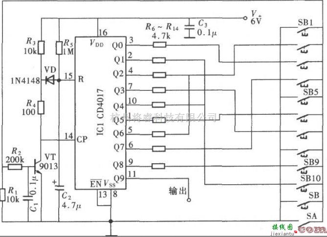 控制电路中的基于CD4017组成的九位数字密码控制器电路图  第1张