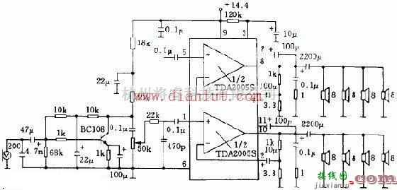 音频电路中的TDA2005S构成的20w公共汽车收音机及扩音机电路  第1张