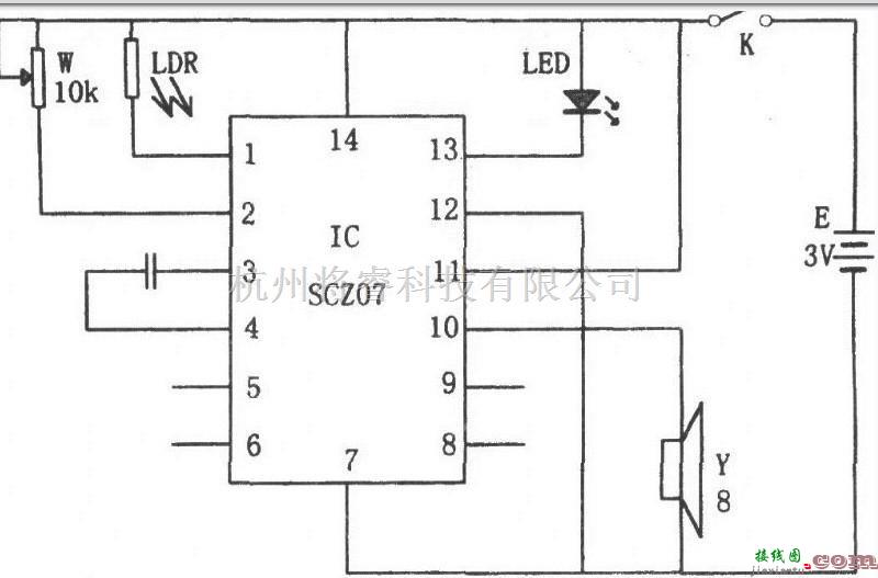控制电路中的SCZ07构成的光弱报警器电路  第1张
