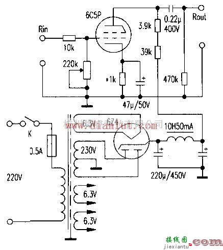 音频电路中的6C5P设计的前级放大电路示意图  第1张