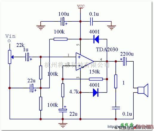 音频电路中的用TDA2030制作的有源功放电路图示意图  第1张