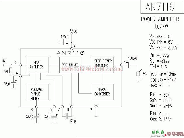 音频电路中的采用AN7116功放应用电路图  第1张