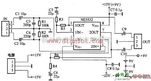 音频电路中的NE5532小功率耳机功放电路原理图  第1张