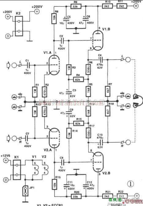 音频电路中的用双三极管ECC822电子管设计的OTL耳机放大器电路  第1张