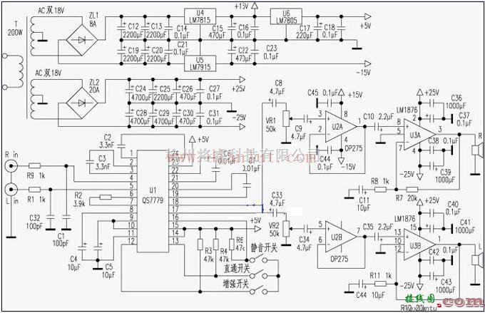 音频电路中的LM1876的多媒体Hi-Fi功放电路原理图  第1张