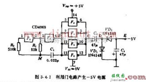 基础电路中的利用CMOS门电路产生负-5V电源电路原理图  第1张