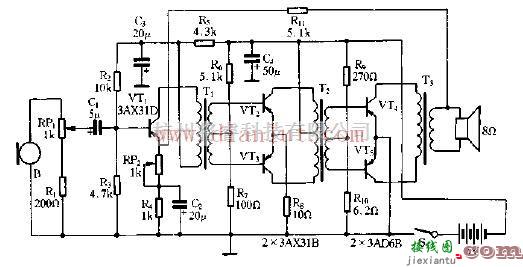 线性放大电路中的手提3W汉化筒原理电路图  第1张