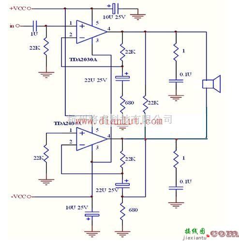 音频电路中的TDA2030A的BTL大功率功放电路原理图  第1张