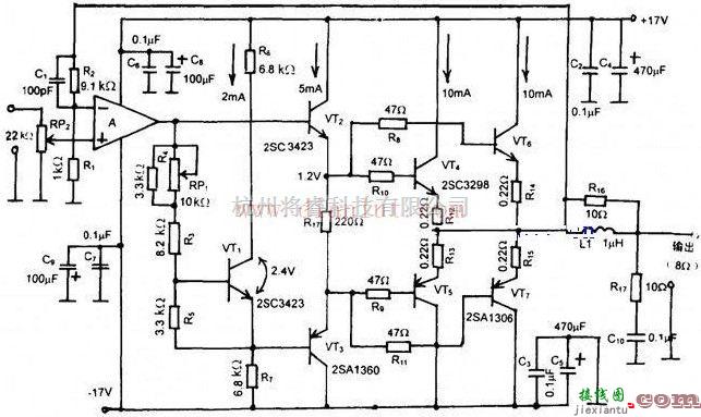 音频电路中的由运放和多个晶体管组成的10W功率放大器电路原理图  第1张