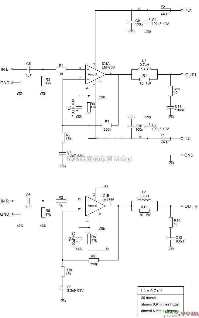 音频电路中的基于LM4766设计的双声道功放电路  第1张