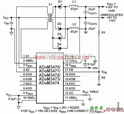 基础电路中的利用ADuM347x设计的iCoupler四路数字绝缘电源  第3张