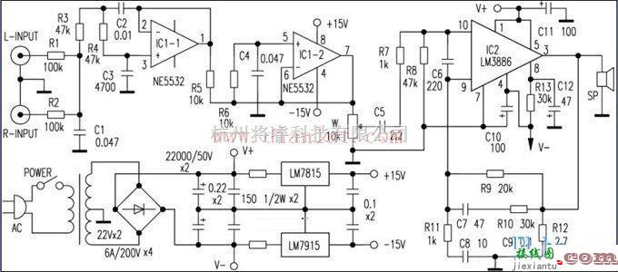 音频电路中的LM3886和NE5532设计的重低音功放电路原理图  第1张