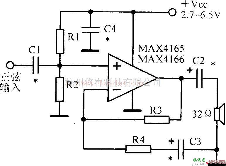 基础电路中的MAX4165/MAX4166设计的低功耗高输出驱动输入输出运算放大电路  第1张