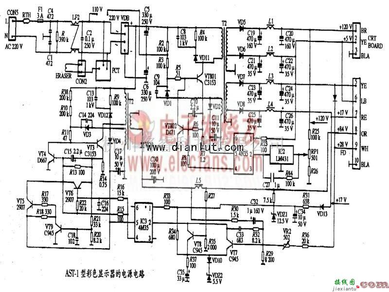 电源电路中的AST-1型彩色显示器电源原理电路图  第1张