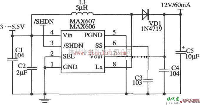 基础电路中的MAX606/MAX607设计的12V输出电路原理图  第1张