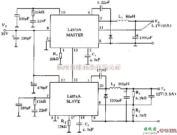 基础电路中的基于L4970A芯片构成多输出DC/DC变换器电路  第1张