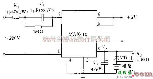 基础电路中的用于MAX610不间断5V电源的电路图  第1张